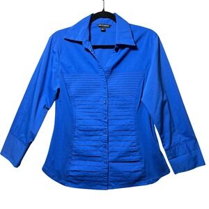 Zac & Rachel Royal Blue Pintuck Pleated Button Up Blouse Large Career Stretch